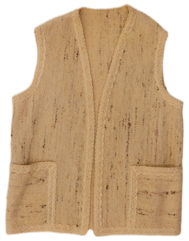 Suéter cardigã feminino aberto sem mangas VINTAGE Reino Unido 16 grande bege manchado