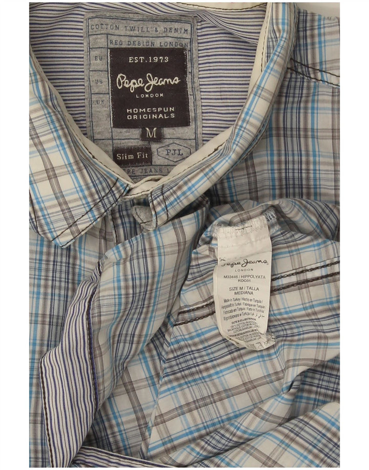 Camisa masculina PEPE Jeans Slim Fit manga curta azul médio xadrez algodão