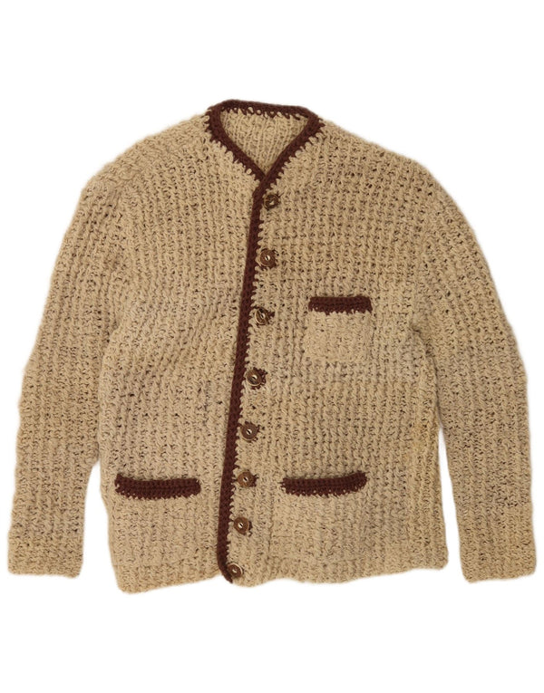 Suéter cardigã feminino vintage UK 14 bloco colorido bege médio