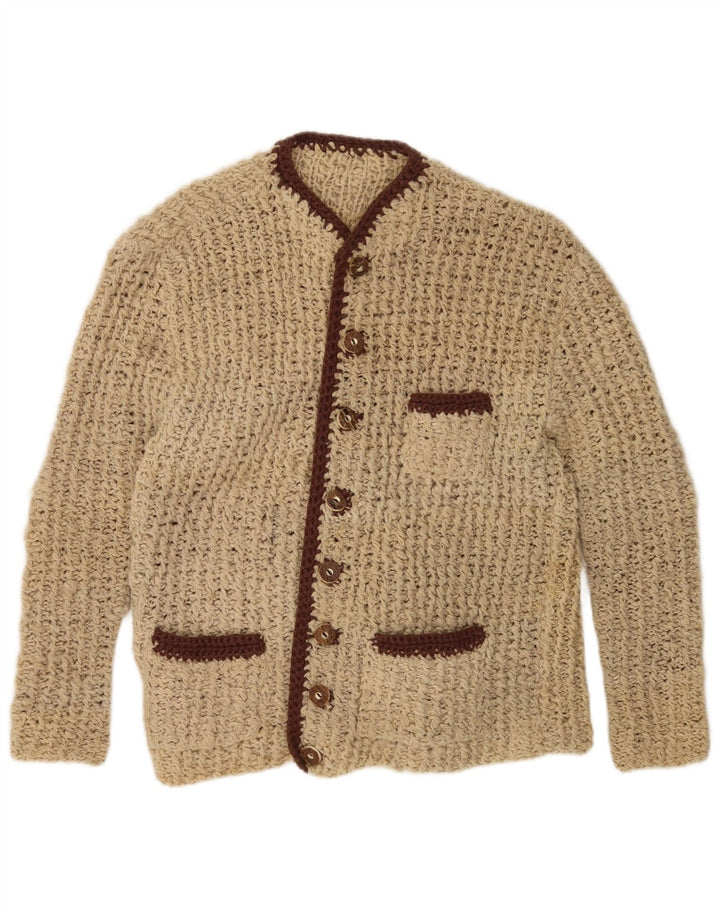 Suéter cardigã feminino vintage UK 14 bloco colorido bege médio