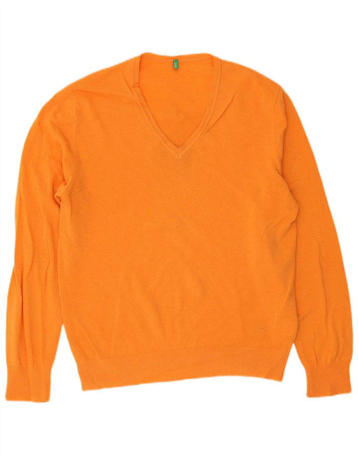 Suéter masculino Benetton com decote em V XL lã virgem laranja