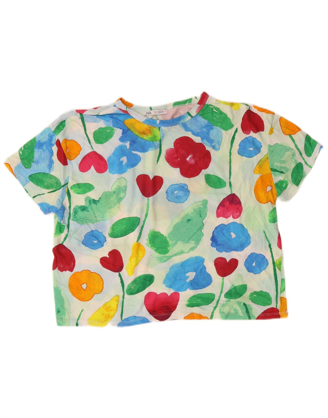 ZARA Camiseta Feminina Crop Graphic Top UK 10 Pequeno Floral Multicolorido