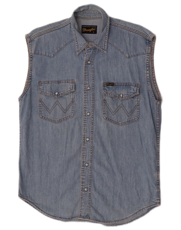 Camisa Wrangler masculina sem mangas jeans pequena azul algodão
