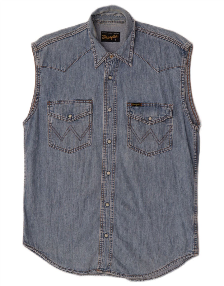 Camisa Wrangler masculina sem mangas jeans pequena azul algodão