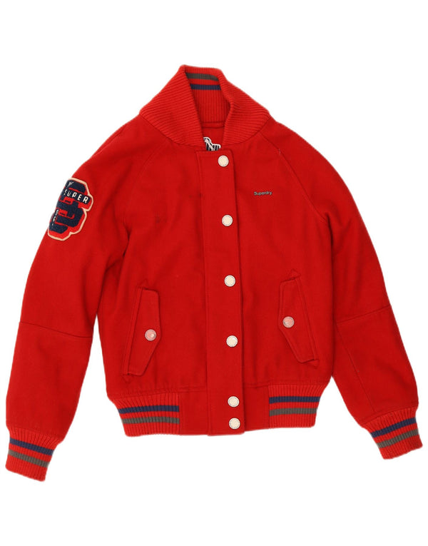 Jaqueta bomber gráfica feminina Superdry UK 12 lã vermelha média