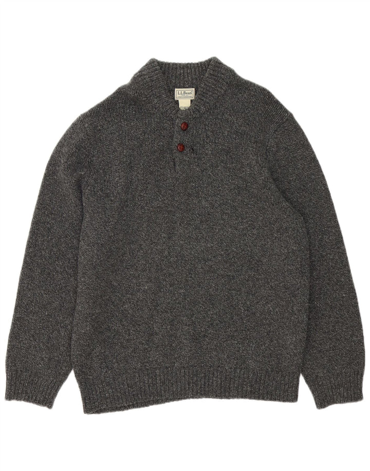L.L.Bean Suéter masculino com gola e botão, lã de cordeiro manchada cinza grande