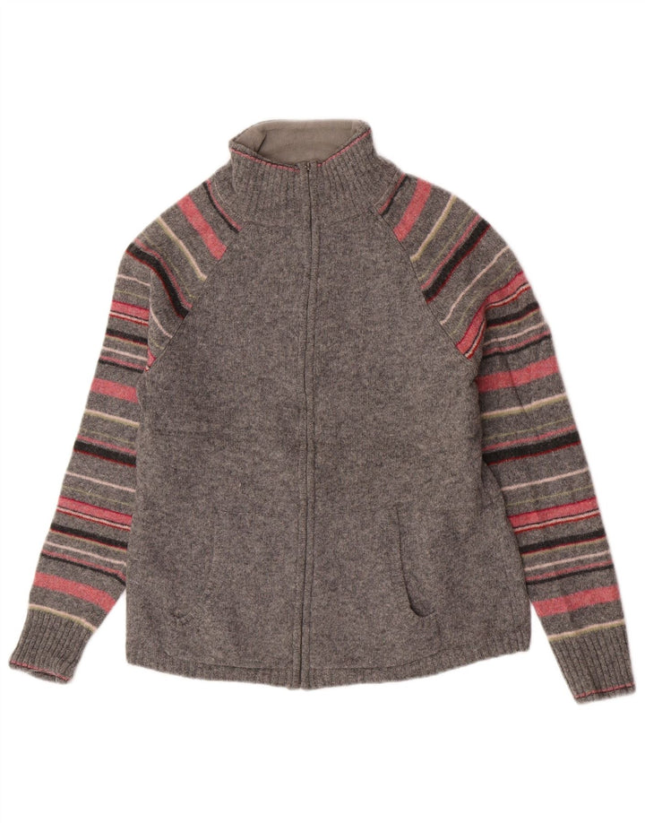 Suéter cardigã feminino Eddie Bauer Reino Unido 12 lã de carneiro listrada cinza médio