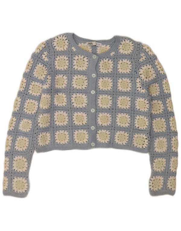 Suéter feminino Zara Crochet Cardigan UK 14 Médio Azul Floral