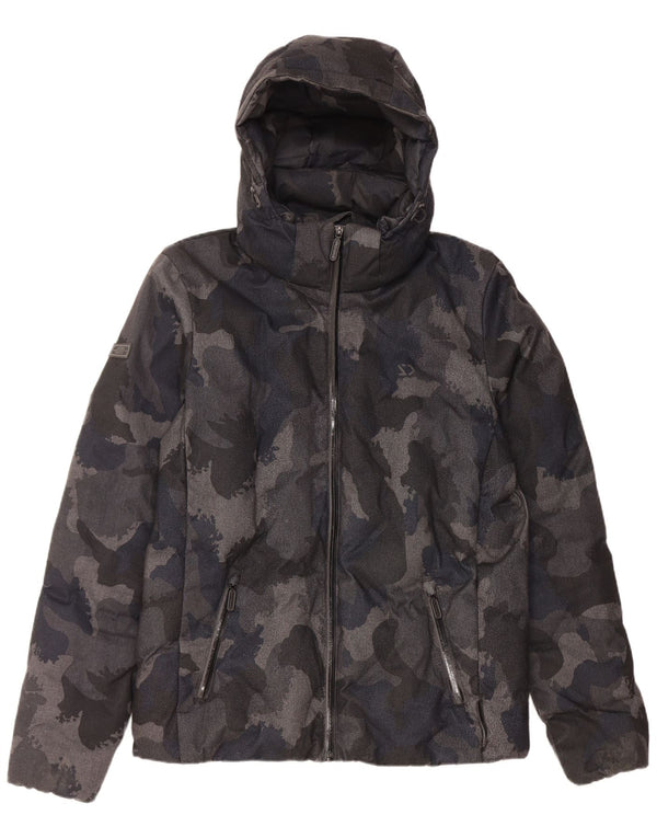 Jaqueta acolchoada com capuz masculina Superdry UK 38 poliéster camuflado preto médio