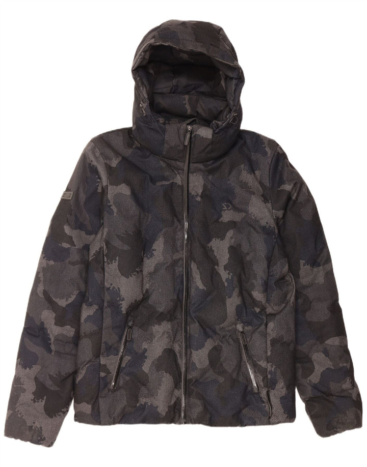 Jaqueta acolchoada com capuz masculina Superdry UK 38 poliéster camuflado preto médio