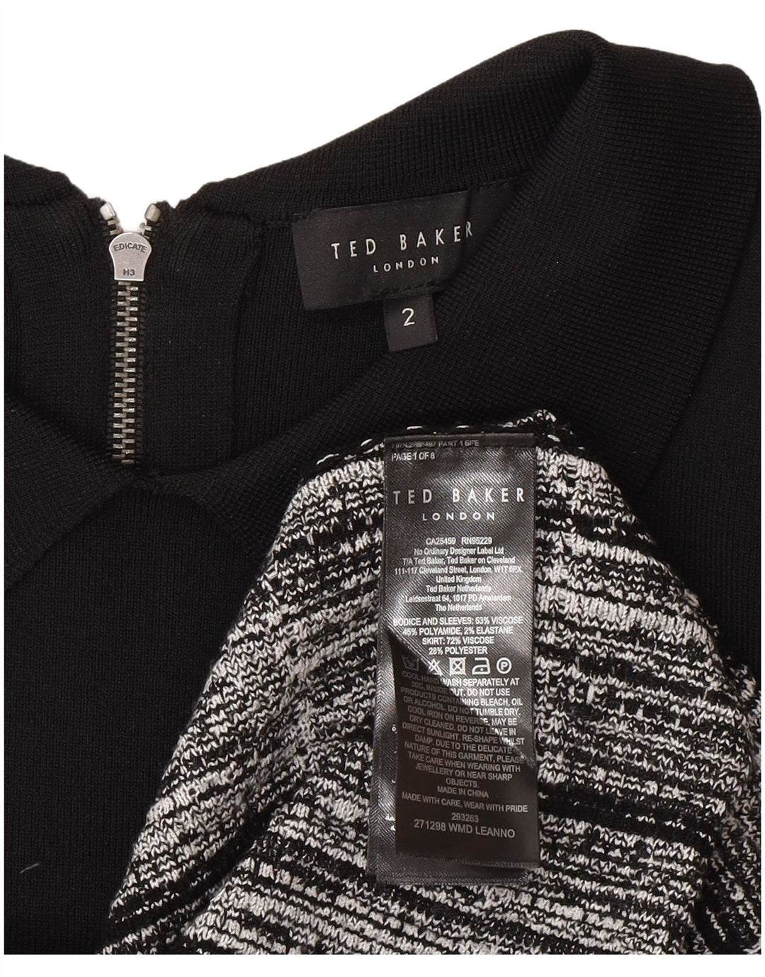 Vestido feminino Ted Baker de manga comprida básico tamanho 2 pequeno preto xadrez viscose