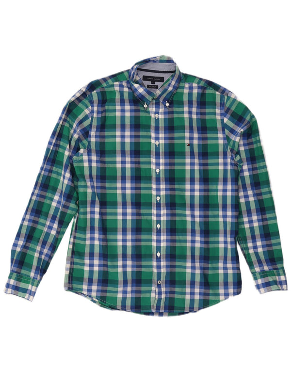 Camisa masculina Tommy Hilfiger New York Fit grande algodão xadrez verde