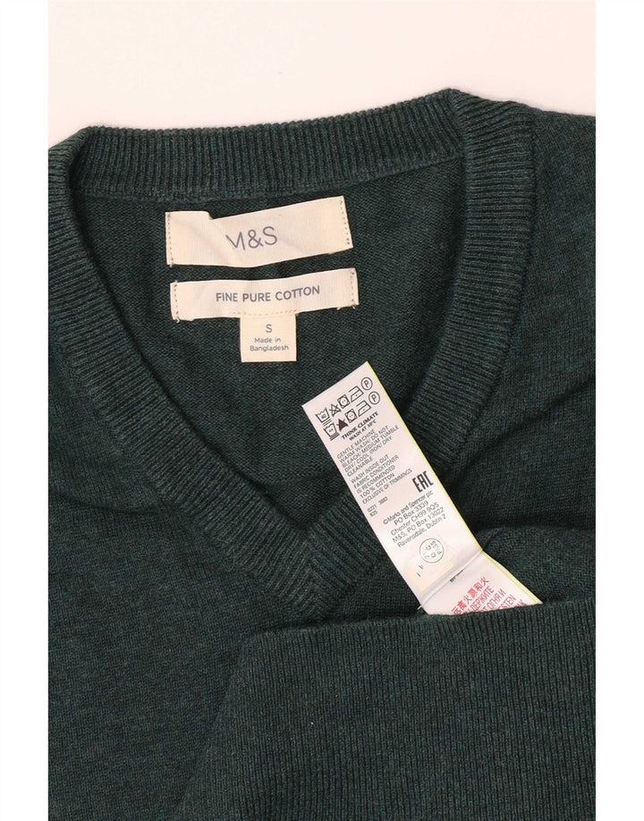 Suéter masculino Marks & Spencer com decote em V, pequeno, algodão verde