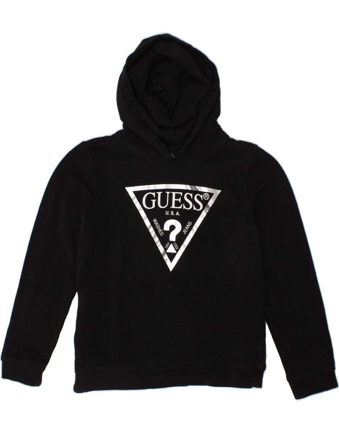 GUESS Girls Graphic Hoodie Jumper 9-10 Years Black Cotton Vintage Guess and Second-Hand Guess from Messina Hembry 