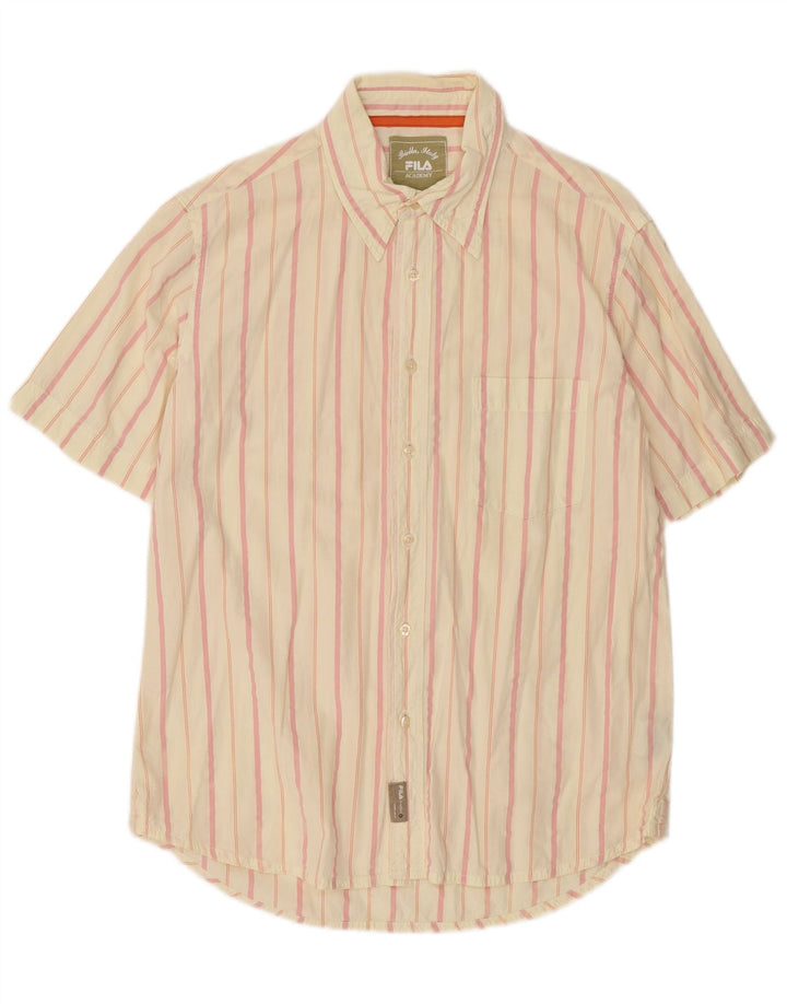Fila Camisa masculina de manga curta de algodão listrado branco médio