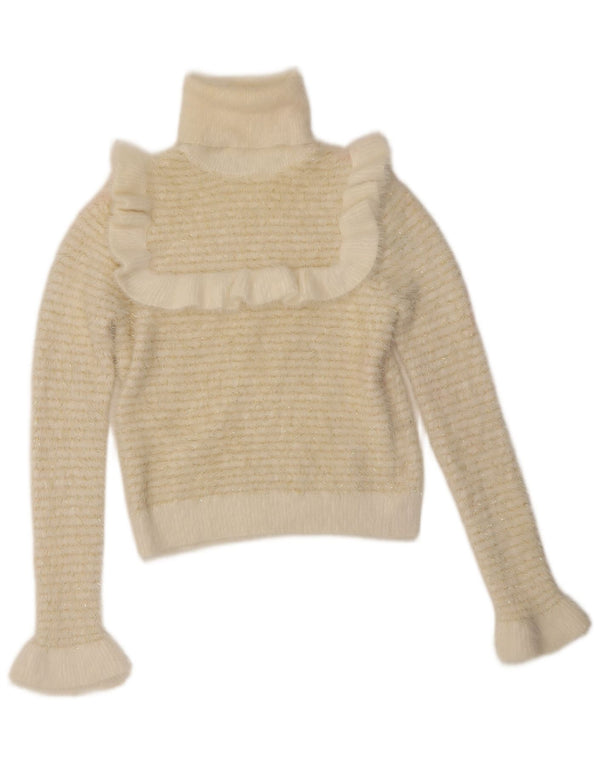 Suéter feminino Zara com babados na frente e gola redonda Reino Unido 10 pequeno listrado branco