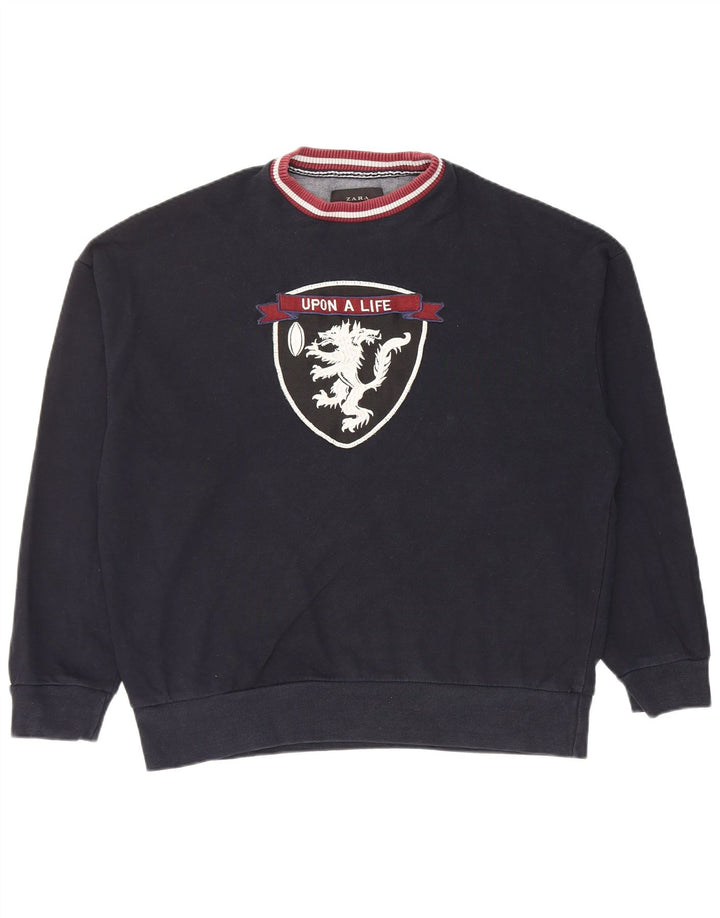 Zara moletom gráfico masculino jumper médio azul marinho algodão