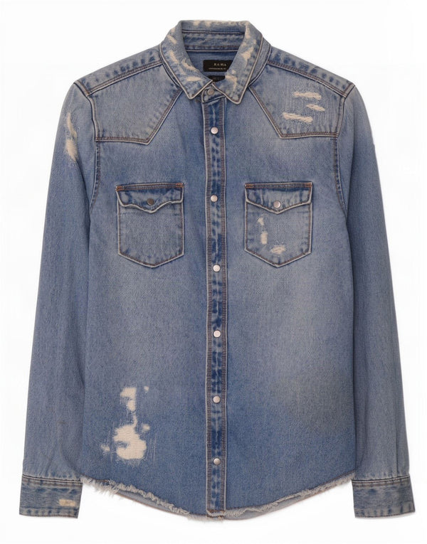 Camisa jeans masculina Zara com ajuste relaxado e desgastado pequeno azul algodão