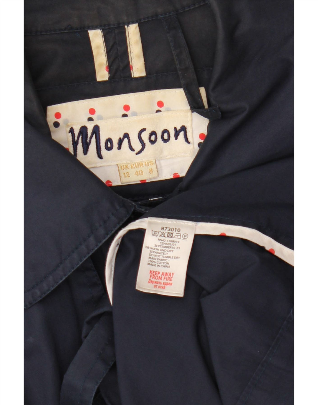Monsoon Trench Coat feminino Reino Unido 12 algodão azul marinho médio