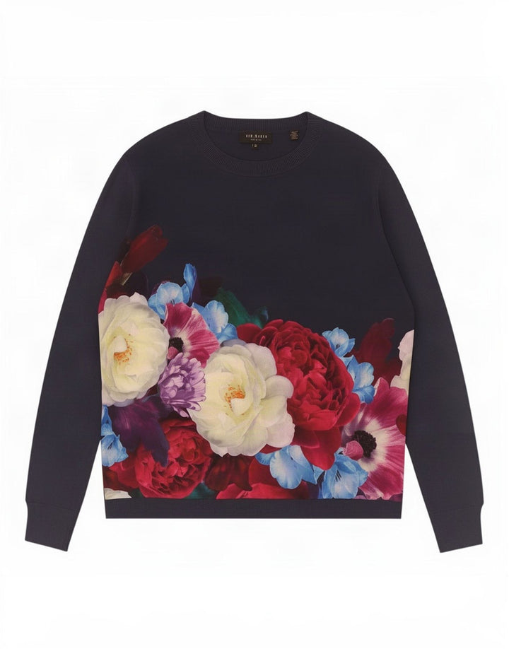 Suéter feminino Ted Baker com gola canoa tamanho 3 médio azul marinho floral