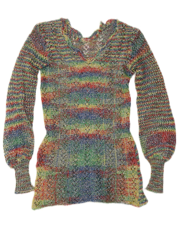 Suéter feminino vintage com decote em V UK 4 XS listrado multicolorido