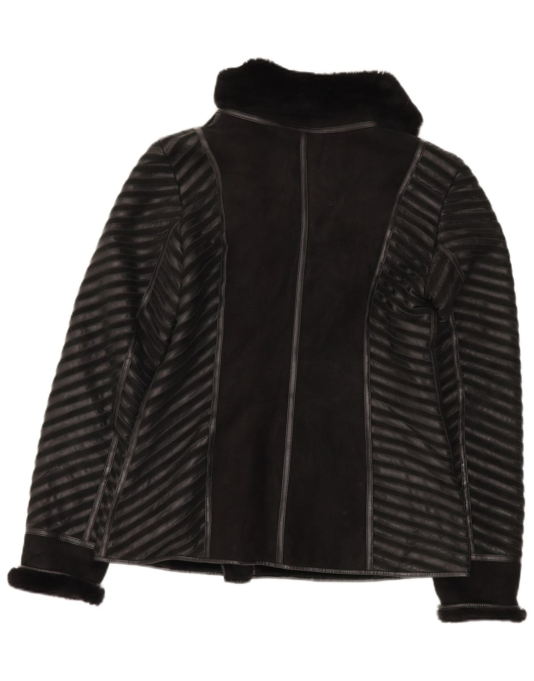Jaqueta vintage feminina shearling UK 18 XL couro listrado preto
