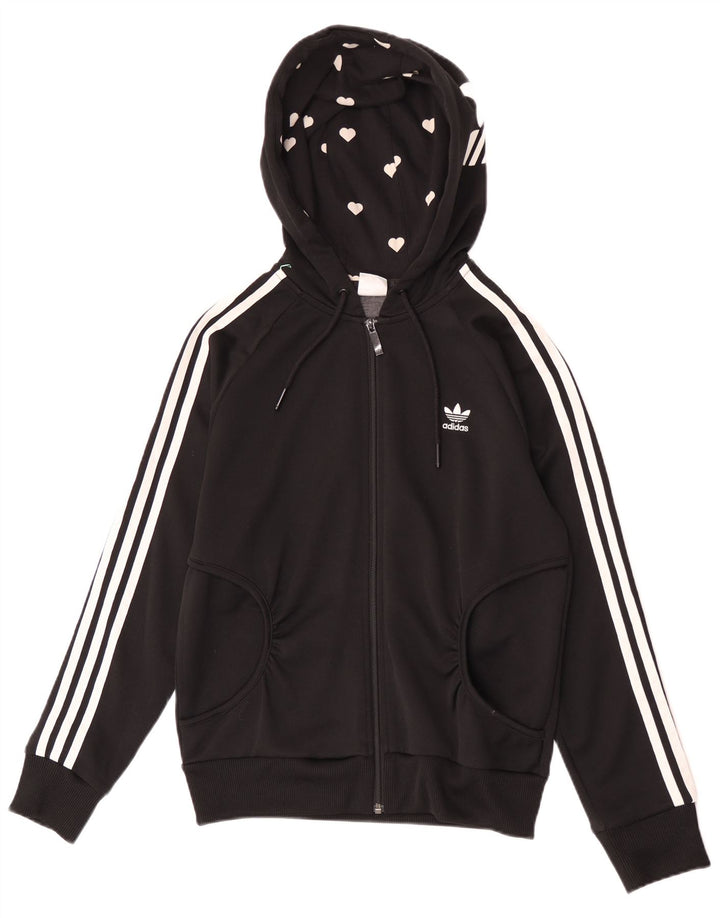 Suéter feminino Adidas com capuz e zíper gráfico IT 40 pequeno poliéster preto
