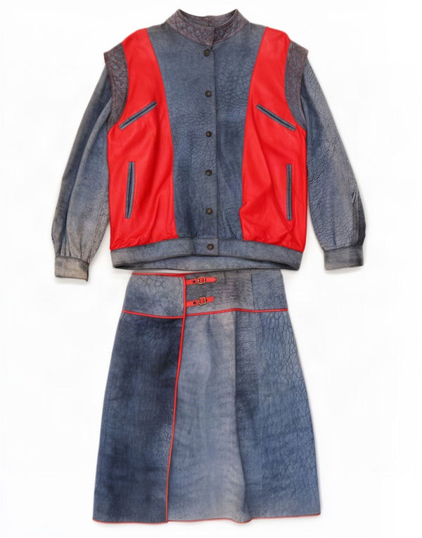 Conjunto de saia de 2 peças de couro feminino vintage Reino Unido 16 grande W30 azul estampa animal