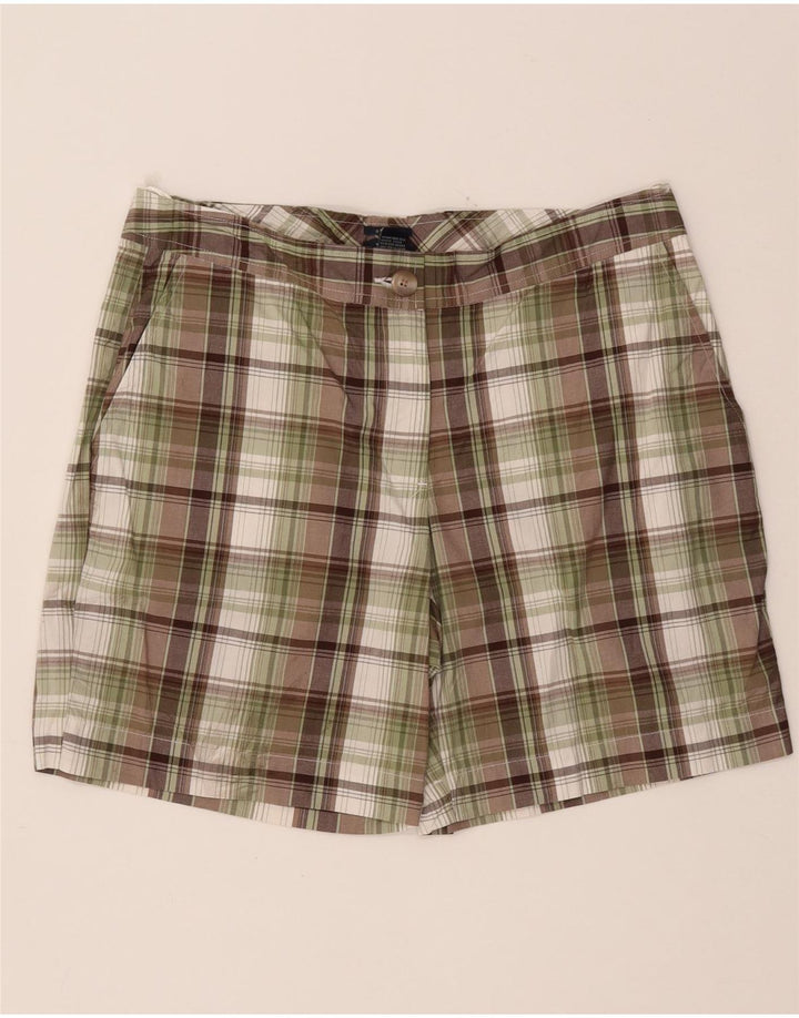 Shorts Chino feminino IZOD EUA 8 médio W32 algodão xadrez cáqui