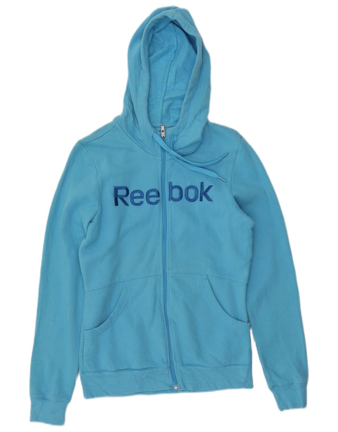 Suéter feminino REEBOK com capuz e zíper gráfico Reino Unido 14 algodão azul médio