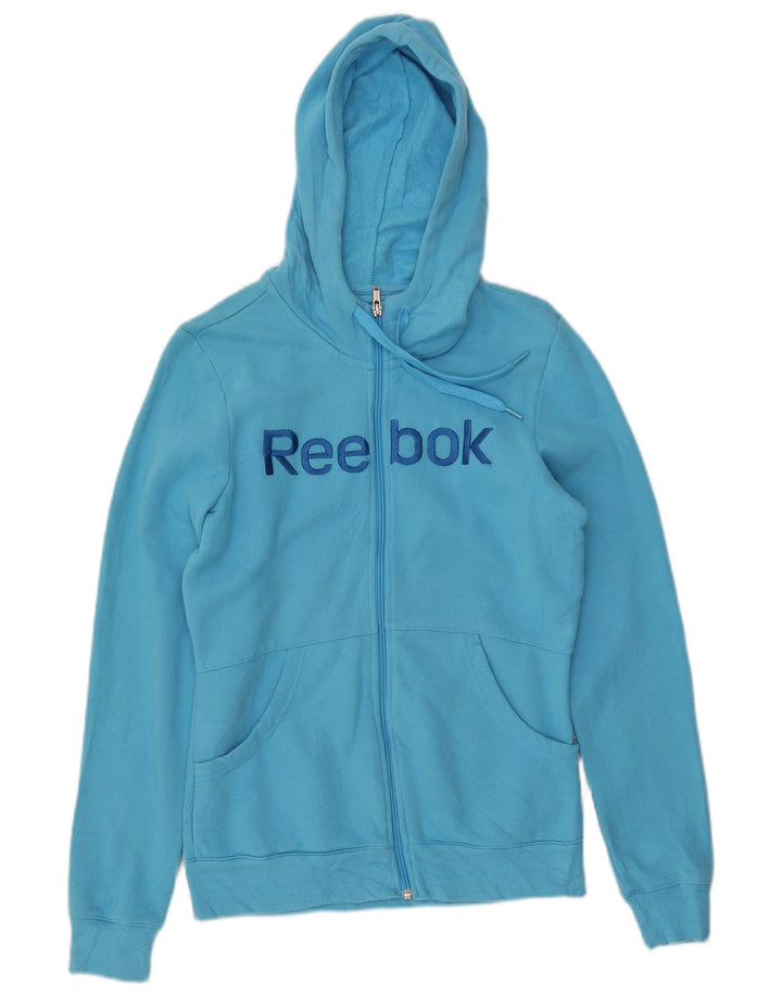 Suéter feminino REEBOK com capuz e zíper gráfico Reino Unido 14 algodão azul médio