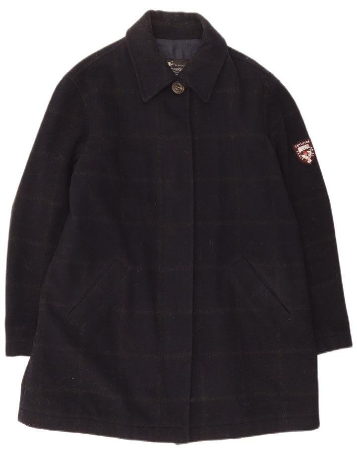 Sobretudo de esqui feminino vintage Reino Unido 14 lã xadrez azul marinho médio