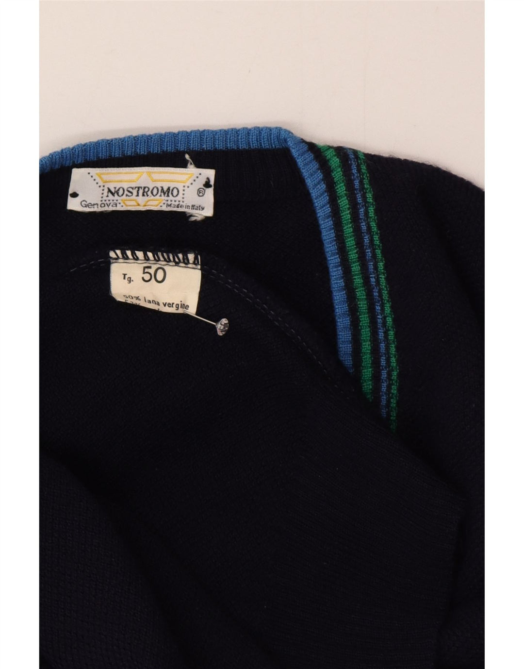 Suéter masculino vintage com decote em V IT 50 lã azul marinho médio