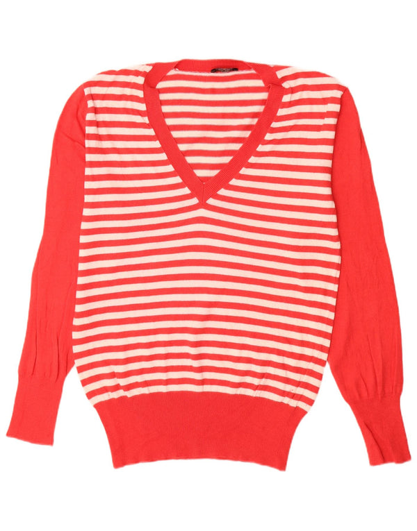 Suéter feminino Sergio Tacchini com decote em V UK 20 2XL algodão listrado vermelho