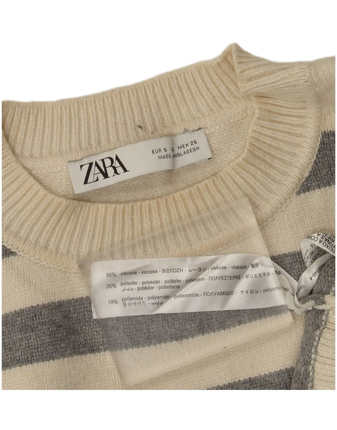 Suéter feminino Zara com gola redonda grande e listrado branco pequeno Reino Unido 10