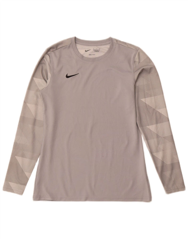 Nike Womens Dri Fit Top Manga Longa UK 10 Pequeno Cinza Geométrico Poliéster