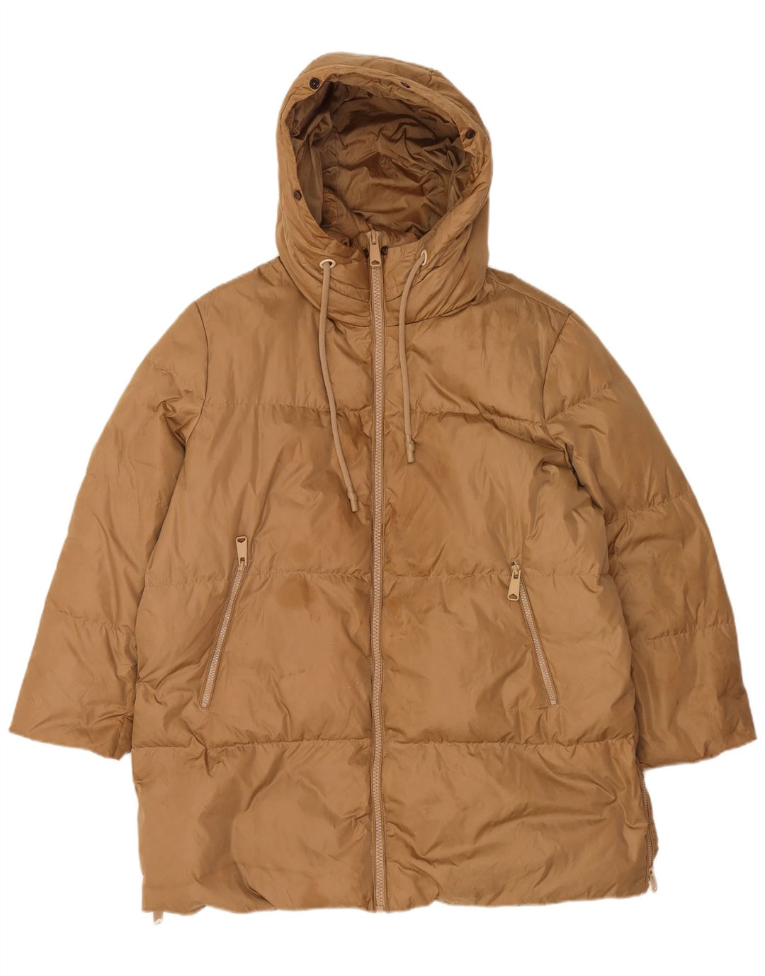 Casaco acolchoado com capuz feminino Zara UK 16 grande marrom poliamida