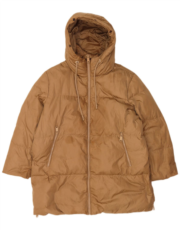 Casaco acolchoado com capuz feminino Zara UK 16 grande marrom poliamida