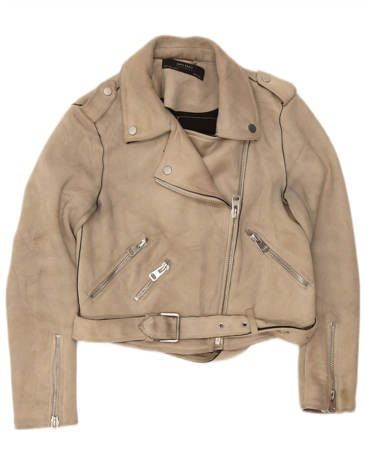 Zara Womens Crop Biker Jacket UK 10 Pequeno Poliéster Bege