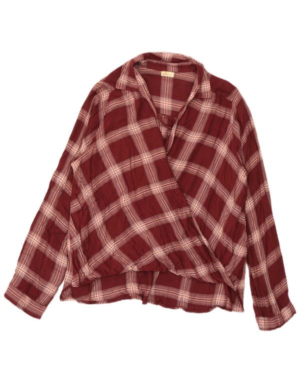 Blusa feminina de manga comprida Hollister UK 10 pequena borgonha xadrez viscose