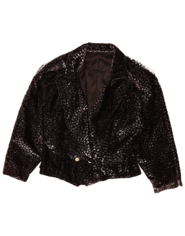Jaqueta Blazer Feminina Vintage Reino Unido 14 Médio Preto Animal Print