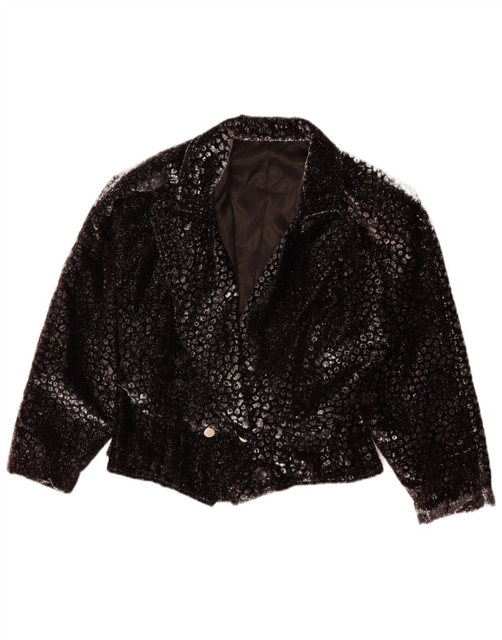 Jaqueta Blazer Feminina Vintage Reino Unido 14 Médio Preto Animal Print