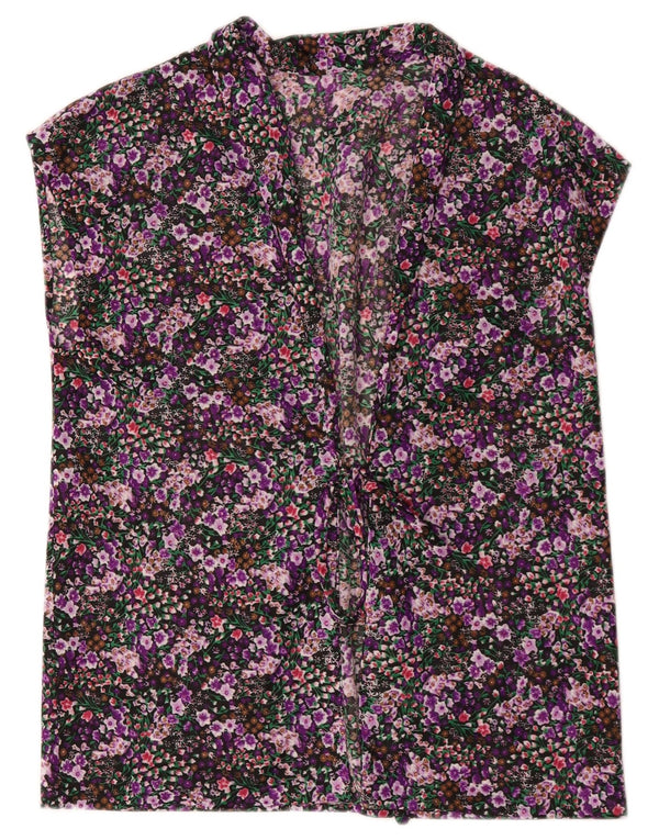 Cardigan feminino sem mangas vintage UK 16 grande floral multicolorido
