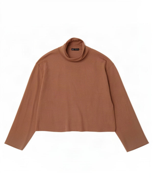 Zara Womens Crop Top Long Sleeve UK 16 Medium Beige Cotton