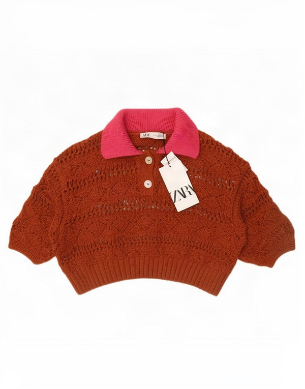Zara Suéter feminino oversized com gola polo e gola alta Reino Unido 10 pequeno marrom