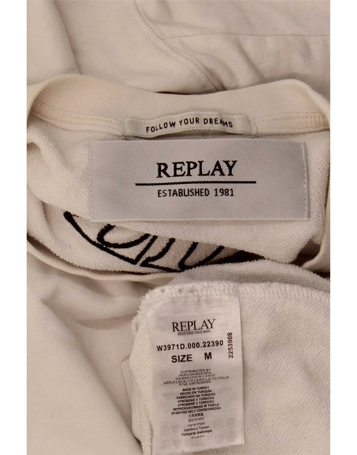Replay feminino gráfico moletom jumper UK 14 médio algodão branco
