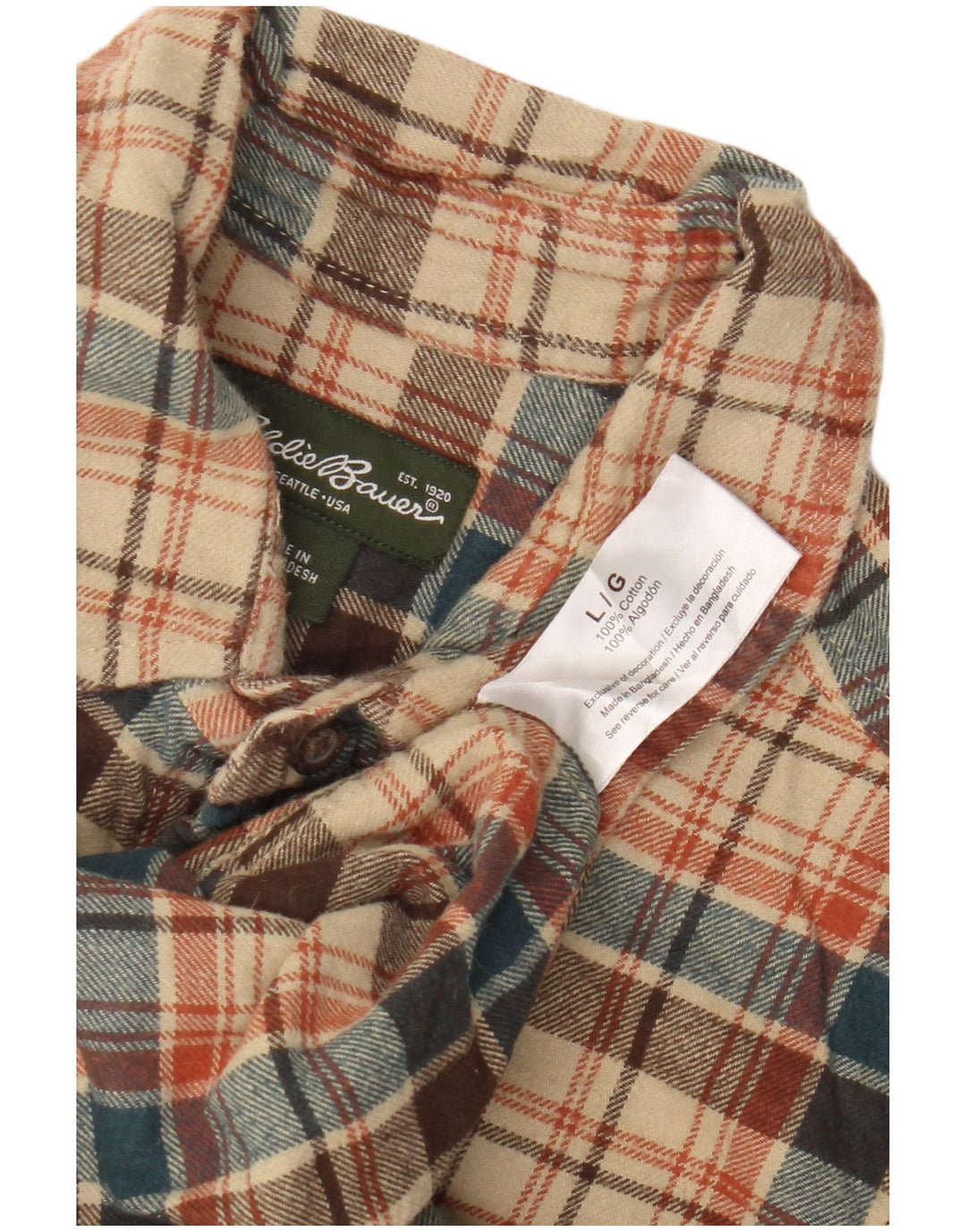 Camisa masculina de flanela Eddie Bauer grande algodão xadrez bege