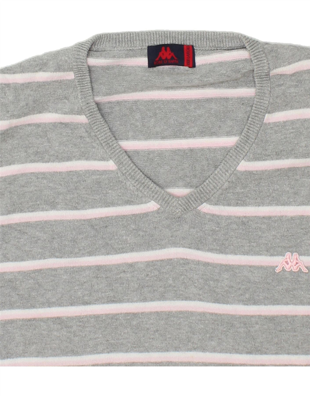 KAPPA Womens V-Neck Jumper Sweater UK 22 3XL Grey Striped Cotton Vintage Kappa and Second-Hand Kappa from Messina Hembry 
