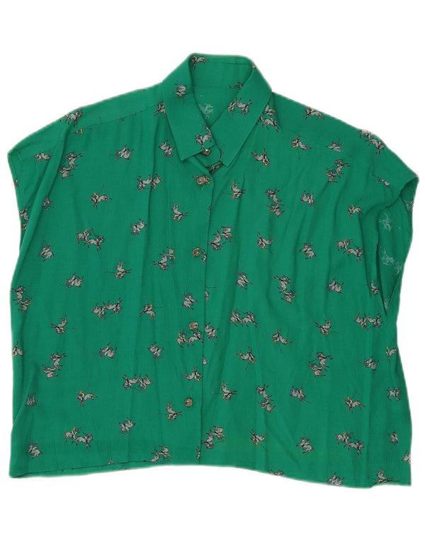 Blusa feminina vintage com estampa gráfica sem mangas Reino Unido 12 verde médio