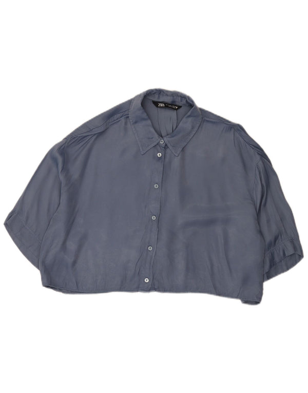 Zara Womens Oversized Crop Short Sleeve Shirt Blouse UK 10 Small Blue